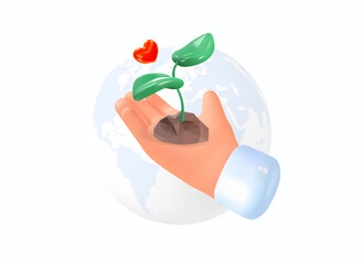 3D hand holds a plant in the ground. A sprout symbolizing nature. Ecology and care for planet Earth. Vector illustration