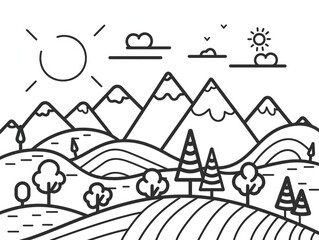 A black and white drawing of a serene mountain landscape with rolling hills and a distant peak