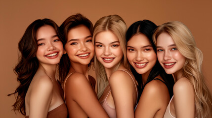 Obraz premium Beauty portrait of happies women with perfect skin and makeup in studio brown background