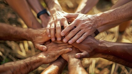 A group of people forming a united front with their hands clasped together