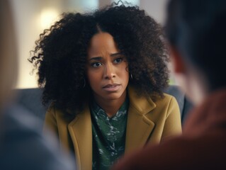 A woman with curly hair sits in front of a man, likely engaged in conversation