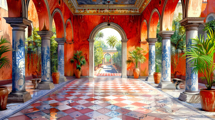 Obraz premium Colorful Spanish Colonial Courtyard with Arches