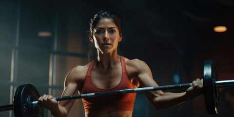 A woman holds a barbell in a gym setting, focused on her workout