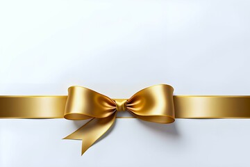 A golden ribbon with a knot is on an empty white background