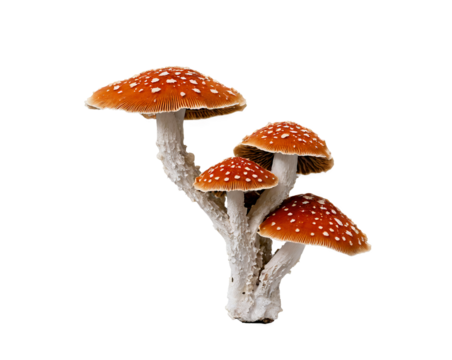 A cluster of red-capped, white-dotted wild mushrooms isolated on white background suggesting natural growth