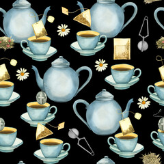 Watercolor pattern on a tea theme. Cup of tea, chamomile, tea bags, strainer, infuser for brewing. Everything is hand painted with watercolors. For printing on fabric, for packaging design.