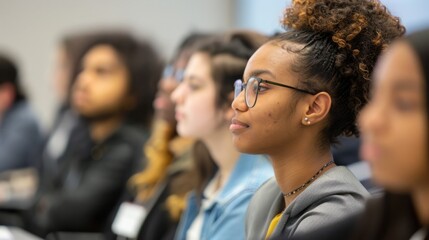 Obraz premium A young woman in glasses sits in a classroom, listening intently to a lecture. She is part of a group of students who are all paying close attention.