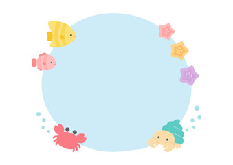 夏の海のフレーム、かわいいカニと魚とヤドカリとヒトデのあしらい01