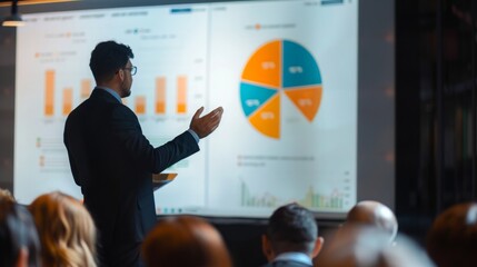 A businessman is presenting data and graphs to a group of people during a meeting.