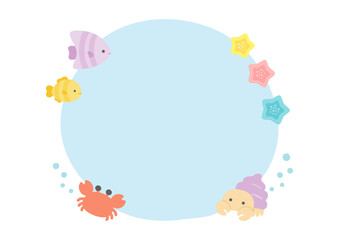夏の海のフレーム、かわいいカニと魚とヤドカリとヒトデのあしらい02