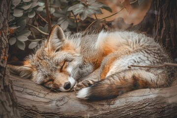 A photo of a sleeping fox curled up on a log, with a peaceful forest background