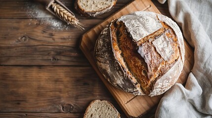 Freshly baked sourdough bread with a golden crust, displayed on a wooden cutting board with one slice cut