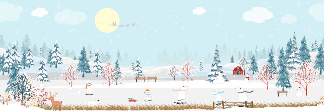 Christmas Background,Winter Village Landscape sky cloud,snow on tree.Seamless Pattern Polar Bear Celebration Xmas Eve in the park,Vector Horizon wallpaper Winter wonderland for kid room,New Year 2025