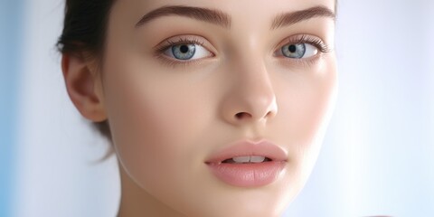 A close-up shot of a woman's face showing her striking blue eyes