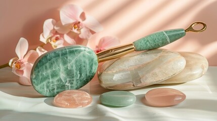 Isolated studio shot of anti-aging skin care tools, including Green Aventurine wand, Rose Quartz Gua Sha, jade face roller, and stones, studio lighting
