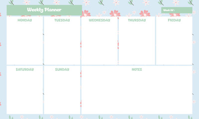 Cute kawaii weekly planner with blue floral background