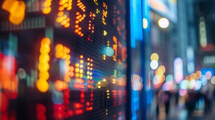 A close-up shot of a stock ticker display in a city at night, showing rows of numbers and flashing lights. The screen is in focus while the city lights and people in the background are out of focus.