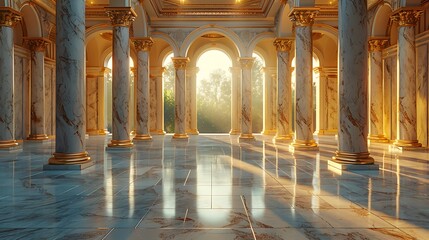 A stately marble podium in a museum-like environment, with classical columns and soft, warm lighting, centered with extensive copy space.