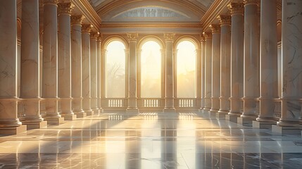 A stately marble podium in a museum-like environment, with classical columns and soft, warm lighting, centered with extensive copy space.