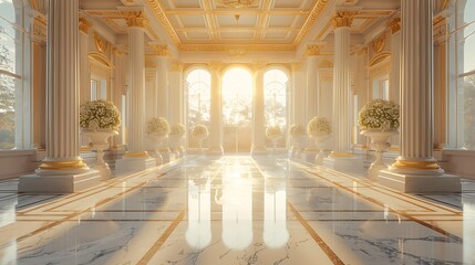 Obraz premium A stately marble podium in a museum-like environment, with classical columns and soft, warm lighting, centered with extensive copy space.