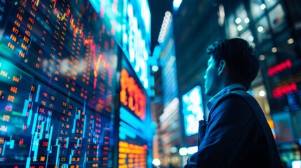 A man stands in front of a wall of large screens displaying stock market data in a bustling city at night.