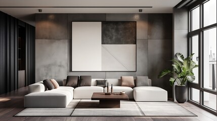 Fototapeta premium Contemporary Living Room with Modern Abstract Art and Floor-to-Ceiling Windows