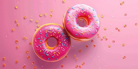 A pair of pink donuts with colorful sprinkles on a bright pink background