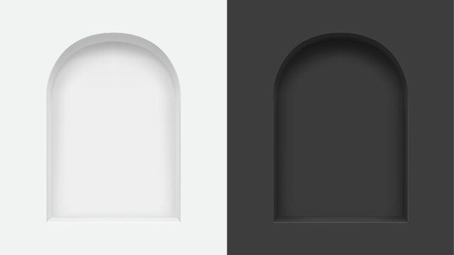 3d wall niches, arch shaped empty shelves on white and black background. Realistic vector two shop, gallery arc mockups for product presentation. Retail storage, exhibit space, interior bookshelf