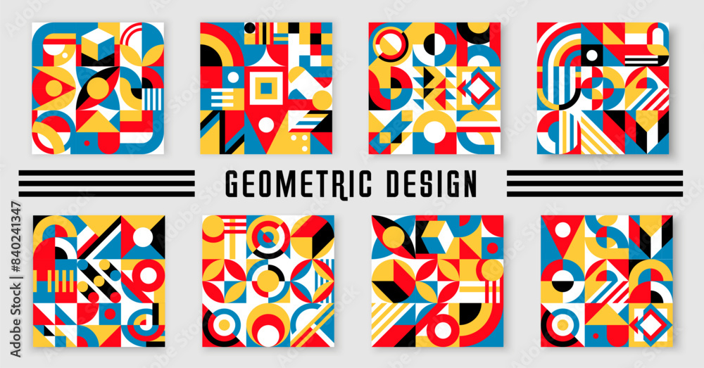 Poster Abstract modern geometric patterns with minimal graphic elements. Vector background of color squares, circles and triangles, arches and curved lines. Simple geometry forms and figures trendy mosaic