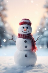 A winter scene featuring a snowman wearing a red hat and scarf