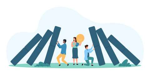 Proactive crisis management, success solution. Tiny people holding light bulb as idea to stop domino falling, prevent crisis, economic problems and business collapse cartoon vector illustration