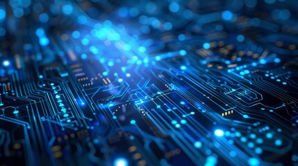 A close-up photograph of a circuit board, showing intricate blue connections and glowing lights.