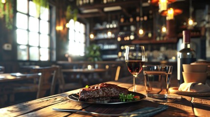 A meal setting with a plate of food and a glass of wine, suitable for use in editorial or commercial contexts