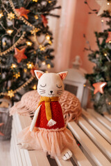 Door stopper cat with tulle skirt. Decoration for Christmas, New Year.