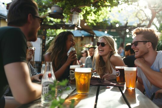 Friends laughing and drinking beer at a bar in the summertime - Powered by Adobe