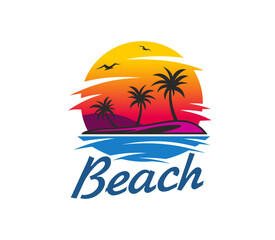 Summer tropical island beach, palm trees and seagulls in sunrise or sunset, vector emblem. Paradise island badge with sea or ocean waves, palms and flying seagulls silhouette in seascape mountains © Vector Tradition