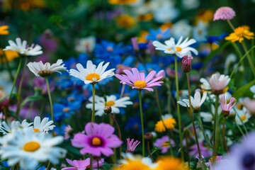 A close-up view of vibrant wildflowers blooming in a lush garden