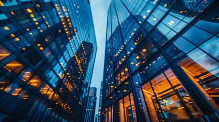 A low angle shot of two tall glass buildings in a city at dusk, with warm interior lights illuminating the windows.