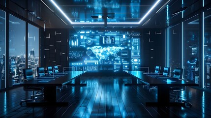 Fototapeta premium Sleek and Sophisticated Conference Room with Immersive Holographic Presentation