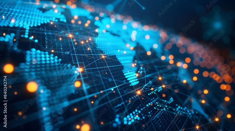 Poster an abstract digital illustration of a world map with glowing nodes and lines connecting continents, 