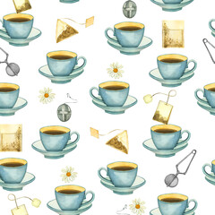 Watercolor pattern on a tea theme. Cups of tea, chamomile, tea bags, tea strainer. Everything is hand painted with watercolors. Watercolor illustration. For printing on packaging, design, scrapbooking