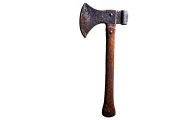Antique-looking rusty axe with a wooden handle, presented against a black backdrop highlighting its vintage, used appearance