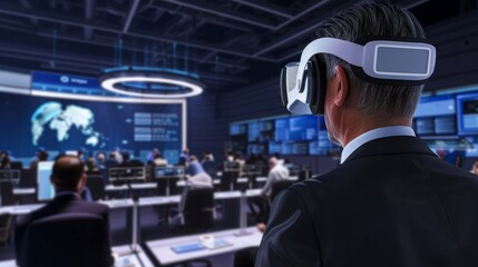 A man wearing a virtual reality headset stands in a modern control room filled with people working at computers.