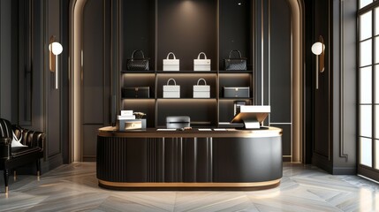 Chic Boutique Elegant Cashier Desk with Luxury Bags Stylish Decor and Customizable Business Cards HighEnd Retail Interior Design