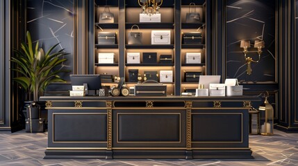 Chic Boutique Elegant Cashier Desk with Luxury Bags Stylish Decor and Customizable Business Cards HighEnd Retail Interior Design
