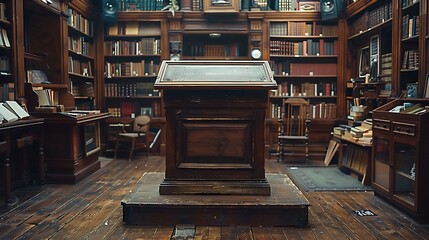 A vintage wooden podium in an antique store, surrounded by old books and artifacts, positioned centrally with extensive copy space.