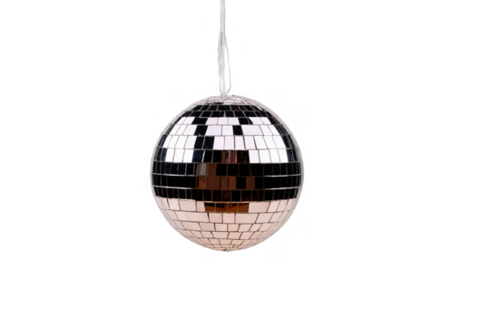 A classic silver disco ball with mirrored tiles reflects light, capturing the essence of a dance party environment