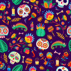 Mexican Dead Day, Dia De Los Muertos holiday seamless pattern. Textile Mexican culture print, Day of the Dead holiday celebration pattern with sugar skull, cactus, chameleon, candle and flowers © Vector Tradition