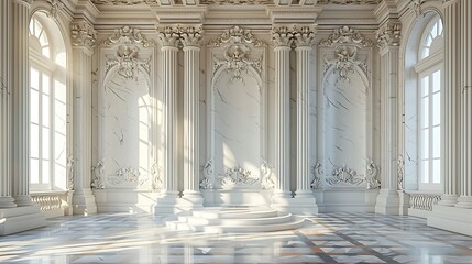 Obraz premium A white marble podium in a classical museum setting, adorned with ornate details and bathed in soft light, positioned centrally with ample copy space.
