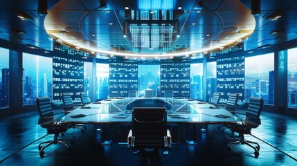 A sleek, modern conference room with large windows offering a breathtaking view of a futuristic city skyline.
